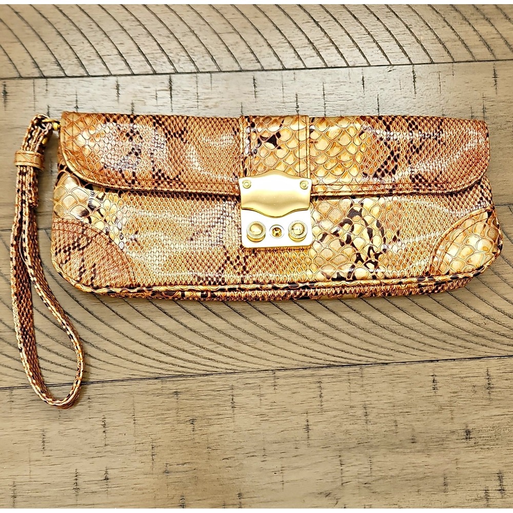 New York Co Snakeskin Animal Print Wristlet Clutch Y2K Chic Neutral Faux Leather